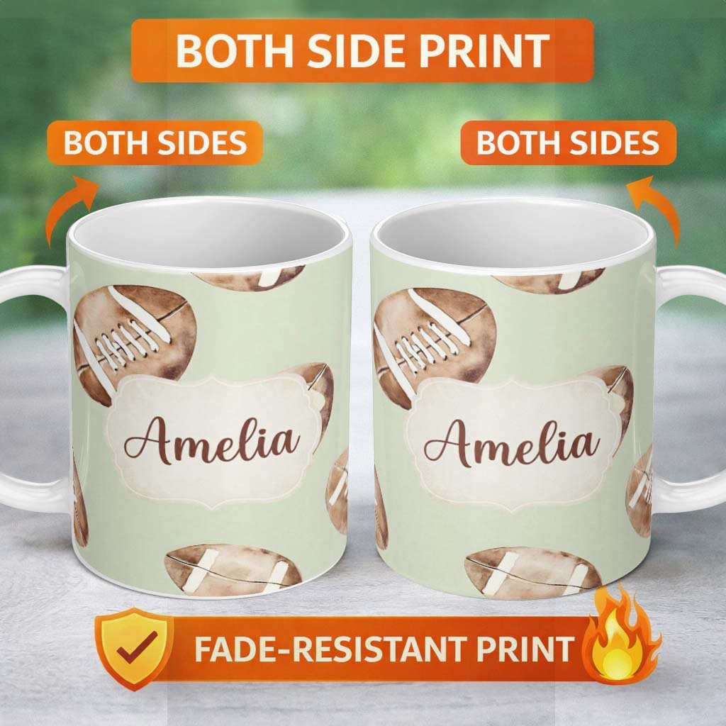 Personalized Custom Name Watercolor American Football Balls on Soft Green Background 11oz Ceramic Coffee Tea Mug White Large Handle