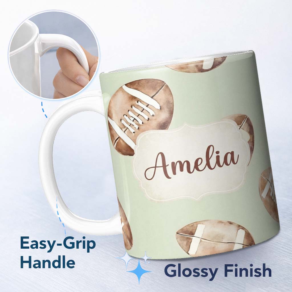 Personalized Custom Name Watercolor American Football Balls on Soft Green Background 11oz Ceramic Coffee Tea Mug White Large Handle