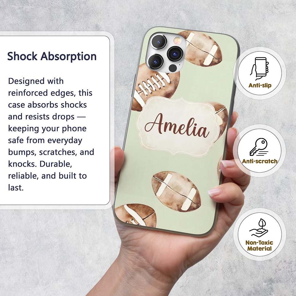 Watercolor American Football Balls on Soft Green Custom Name Protective Phone Case Mobile Cover Durable Everyday Smartphone Shock Resistant