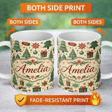 Personalized Custom Name Christmas Trees Snowflakes Ornaments Festive Holiday Winter Design 11oz Ceramic Coffee Tea Mug White Large Handle