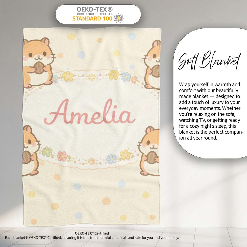 Cute Hamster Cartoon Animal Pattern Perfect Gift for Her Lovely  Personalised Custom Name Super Soft Fleece Blanket Bed Sofa Throw