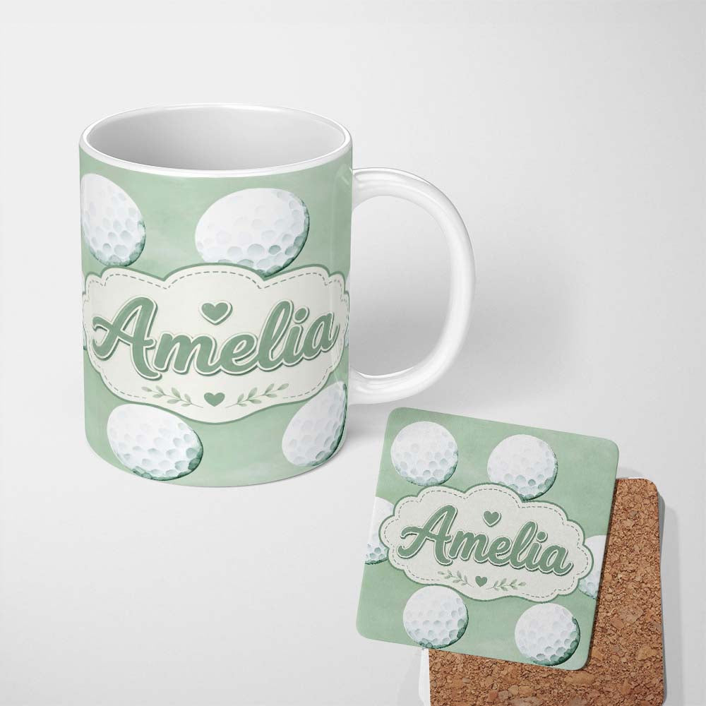 Personalized Custom Name Watercolor Golf Balls on Soft Green Background Seamless Pattern 11oz Ceramic Coffee Tea Mug White Large Handle