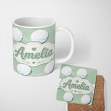Personalized Custom Name Watercolor Golf Balls on Soft Green Background Seamless Pattern 11oz Ceramic Coffee Tea Mug White Large Handle