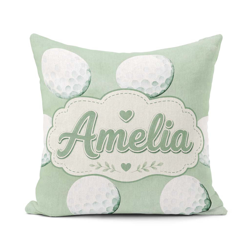 Custom Name Watercolor Golf Balls on Soft Green Seamless Pattern Square Filled Cushion Throw Pillow Sofa Bed Home Decor Zip Washable UK Made