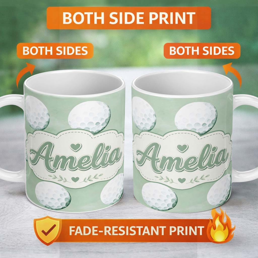 Personalized Custom Name Watercolor Golf Balls on Soft Green Background Seamless Pattern 11oz Ceramic Coffee Tea Mug White Large Handle