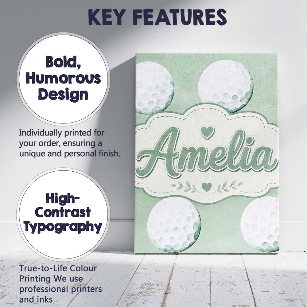 Personalised Name Watercolor Golf Balls on Custom  Unique Gift Idea Elegant Feature Canvas Wall Art Print Decor Picture Ready to Hang