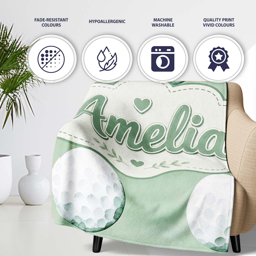 Watercolor Golf Balls on Soft Green Background Seamless Pattern  Personalised Custom Name Super Soft Fleece Blanket Bed Sofa Throw
