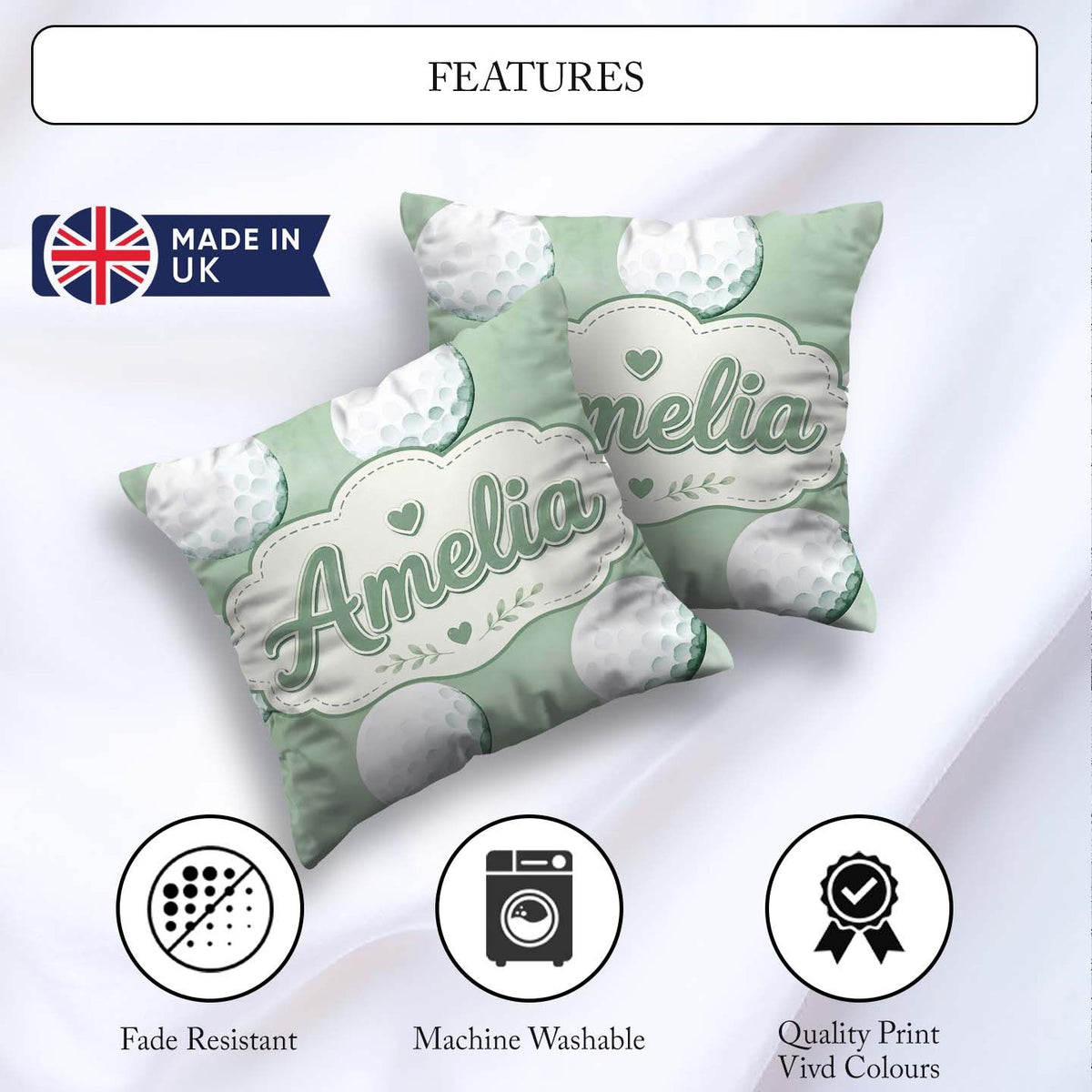 Custom Name Watercolor Golf Balls on Soft Green Seamless Pattern Square Filled Cushion Throw Pillow Sofa Bed Home Decor Zip Washable UK Made