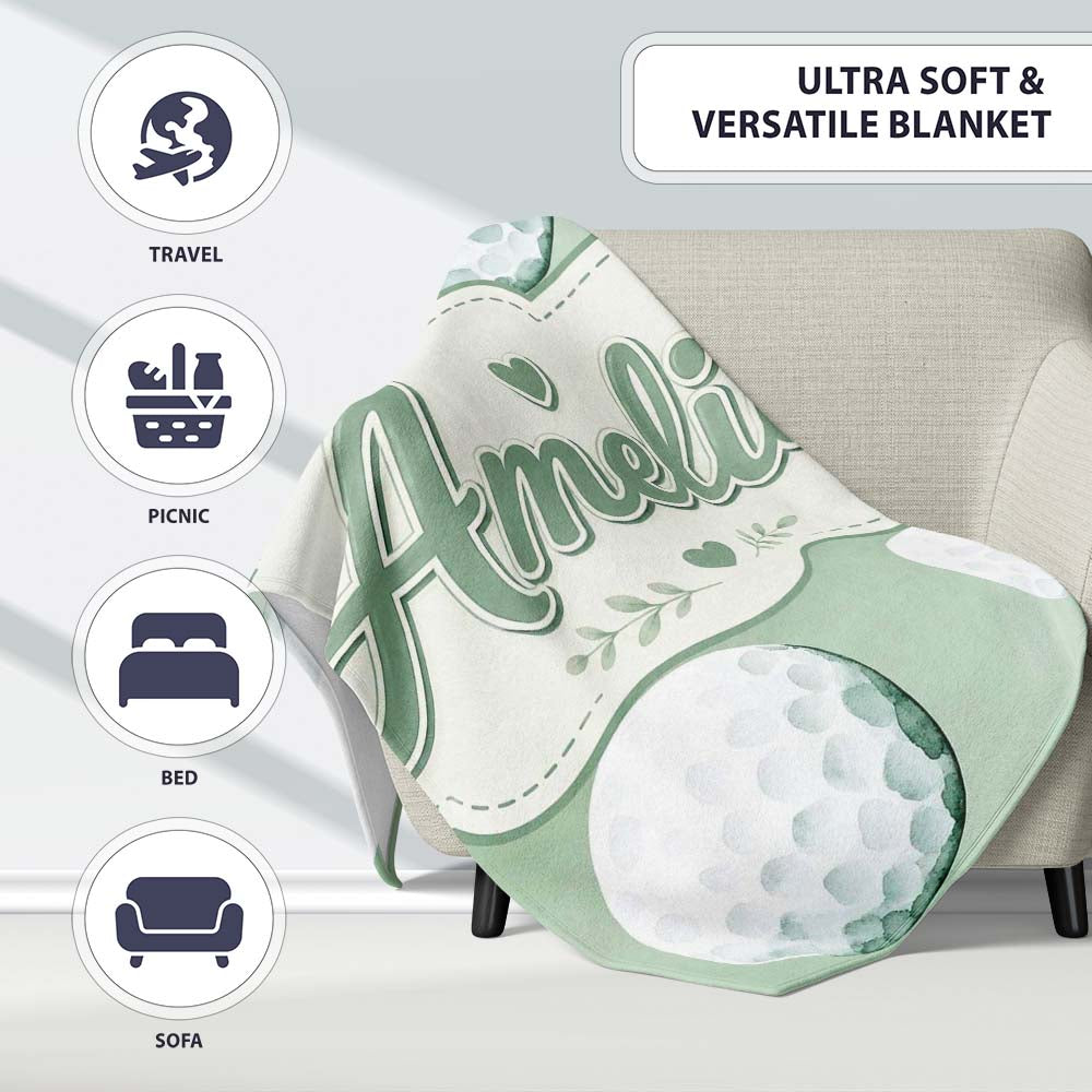 Watercolor Golf Balls on Soft Green Background Seamless Pattern  Personalised Custom Name Super Soft Fleece Blanket Bed Sofa Throw