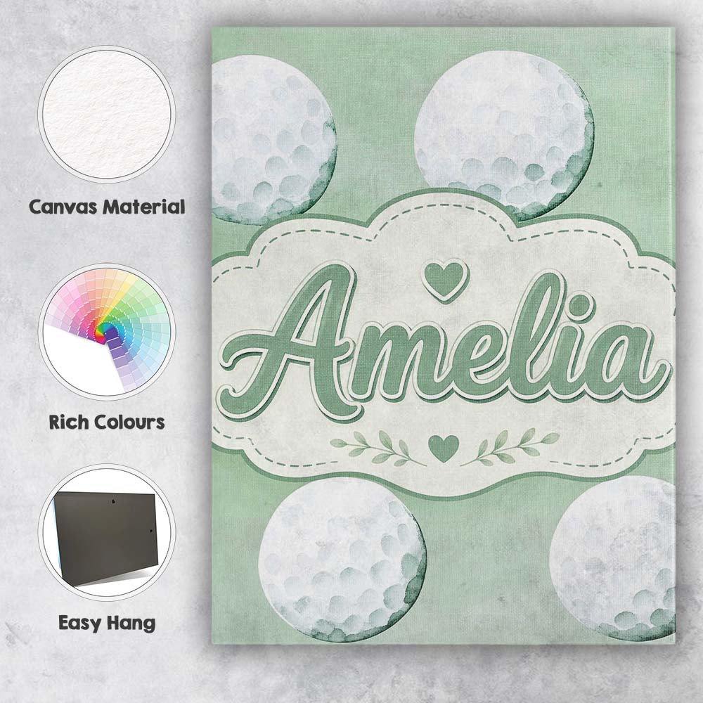 Personalised Name Watercolor Golf Balls on Custom  Unique Gift Idea Elegant Feature Canvas Wall Art Print Decor Picture Ready to Hang