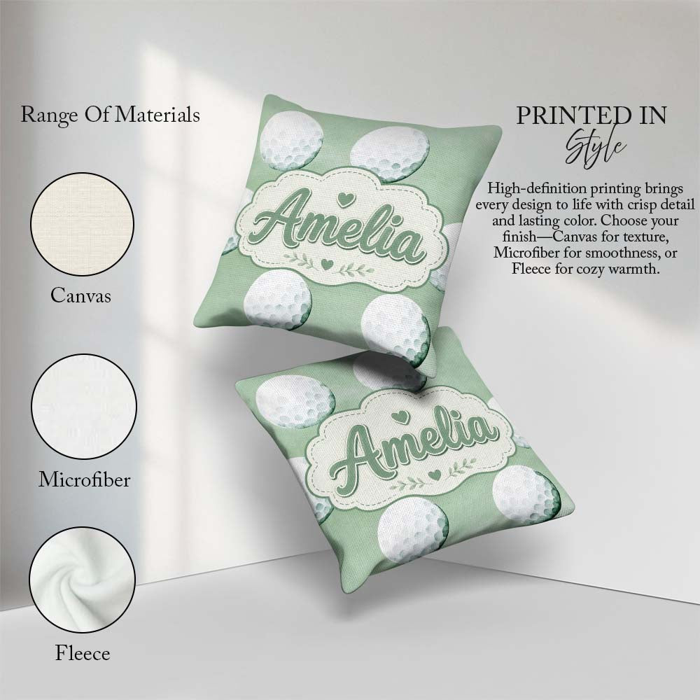 Custom Name Watercolor Golf Balls on Soft Green Seamless Pattern Square Filled Cushion Throw Pillow Sofa Bed Home Decor Zip Washable UK Made