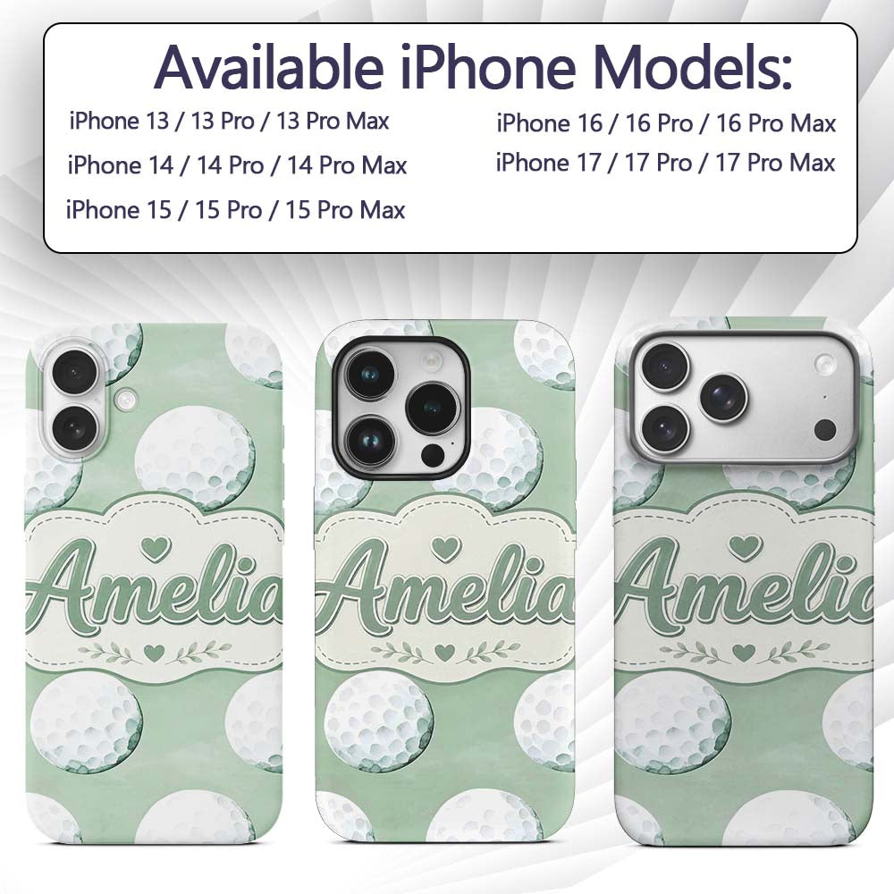 Watercolor Golf Balls on Soft Green Background Custom Name Protective Phone Case Mobile Cover Durable Everyday Smartphone Shock Resistant