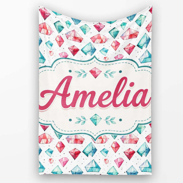 Watercolor Gem Crystal Seamless Pattern on White Cute Unique Gift  Personalised Custom Name Super Soft Fleece Blanket Bed Sofa Throw