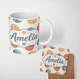 Personalized Custom Name Watercolor Basketball Balls on Neutral Background Seamless Pattern 11oz Ceramic Coffee Tea Mug White Large Handle
