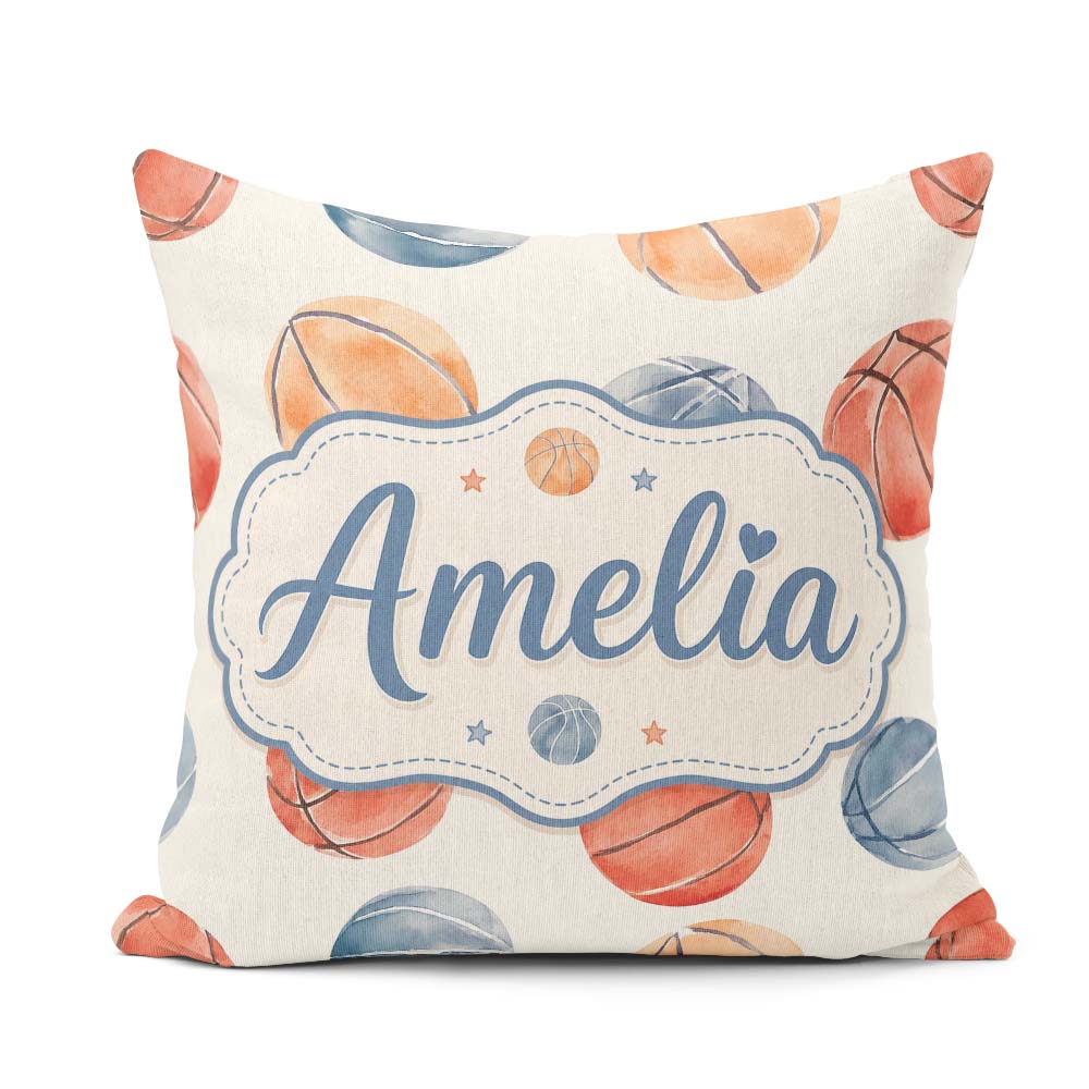 Custom Name Watercolor Basketball on Neutral Background Seamless Square Filled Cushion Throw Pillow Sofa Bed Home Decor Zip Washable UK Made
