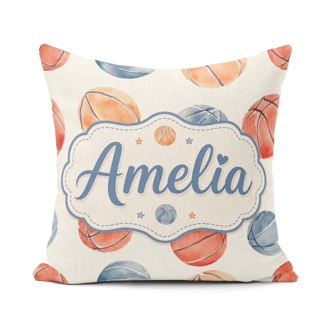 Custom Name Watercolor Basketball on Neutral Background Seamless Square Filled Cushion Throw Pillow Sofa Bed Home Decor Zip Washable UK Made