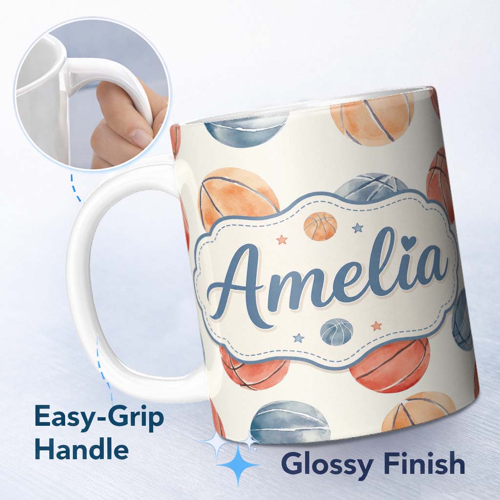 Personalized Custom Name Watercolor Basketball Balls on Neutral Background Seamless Pattern 11oz Ceramic Coffee Tea Mug White Large Handle