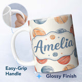 Personalized Custom Name Watercolor Basketball Balls on Neutral Background Seamless Pattern 11oz Ceramic Coffee Tea Mug White Large Handle
