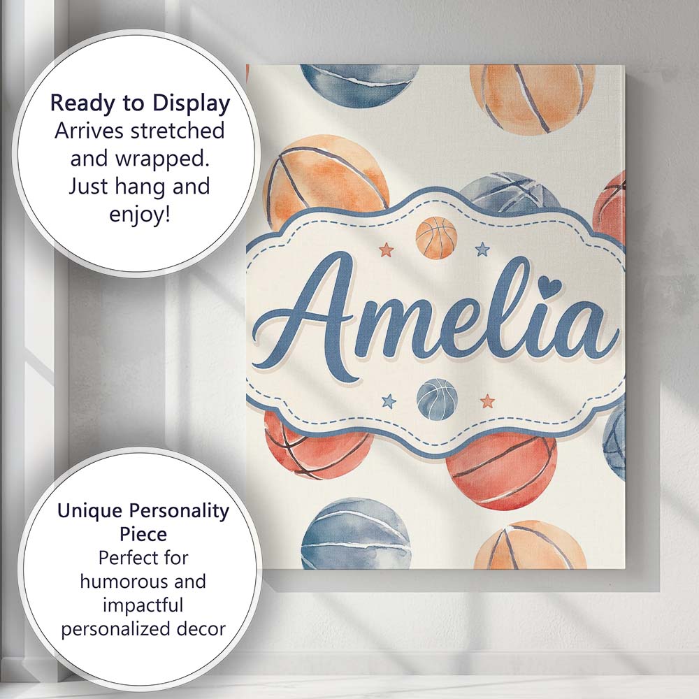 Personalised Name Watercolor Basketball Custom  Modern Room Accent Elegant Feature Canvas Wall Art Print Decor Picture Ready to Hang