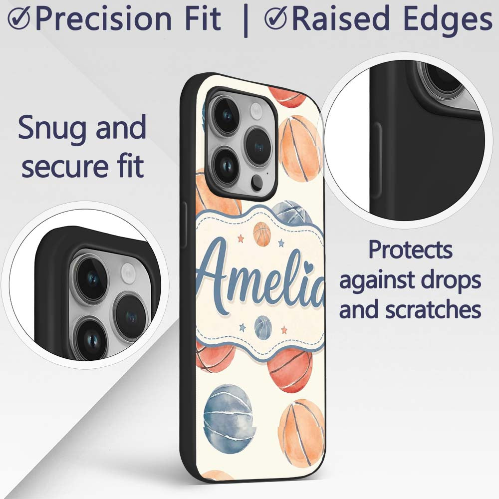Watercolor Basketball Balls on Neutral Background Custom Name Protective Phone Case Mobile Cover Durable Everyday Smartphone Shock Resistant