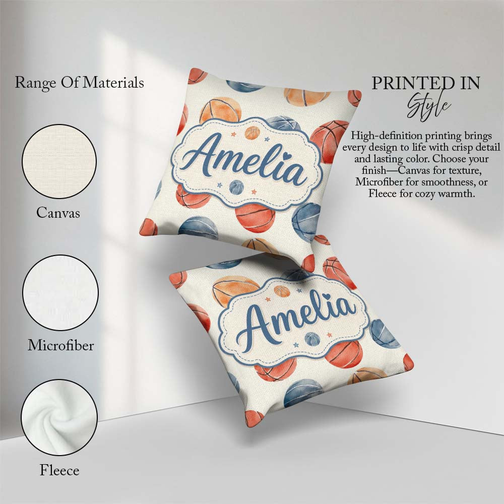 Custom Name Watercolor Basketball on Neutral Background Seamless Square Filled Cushion Throw Pillow Sofa Bed Home Decor Zip Washable UK Made