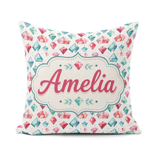 Custom Name Watercolor Gem Crystal Seamless Pattern on White Square Filled Cushion Throw Pillow Sofa Bed Home Decor Zip Washable UK Made
