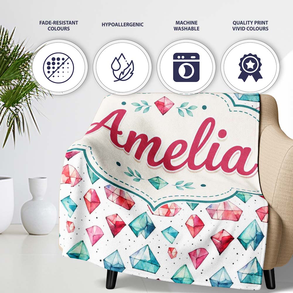 Watercolor Gem Crystal Seamless Pattern on White Cute Unique Gift  Personalised Custom Name Super Soft Fleece Blanket Bed Sofa Throw