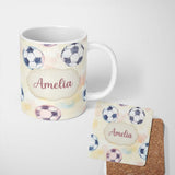 Personalized Custom Name Watercolor Soccer Balls on Soft Pastel Background Seamless Pattern 11oz Ceramic Coffee Tea Mug White Large Handle