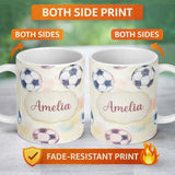 Personalized Custom Name Watercolor Soccer Balls on Soft Pastel Background Seamless Pattern 11oz Ceramic Coffee Tea Mug White Large Handle