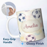 Personalized Custom Name Watercolor Soccer Balls on Soft Pastel Background Seamless Pattern 11oz Ceramic Coffee Tea Mug White Large Handle