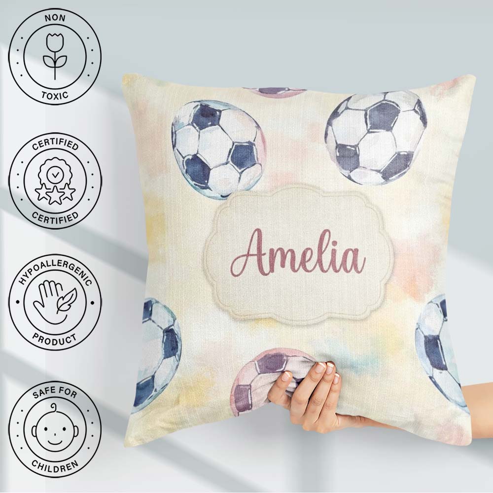 Custom Name Watercolor Soccer on Soft Pastel Background Seamless Square Filled Cushion Throw Pillow Sofa Bed Home Decor Zip Washable UK Made