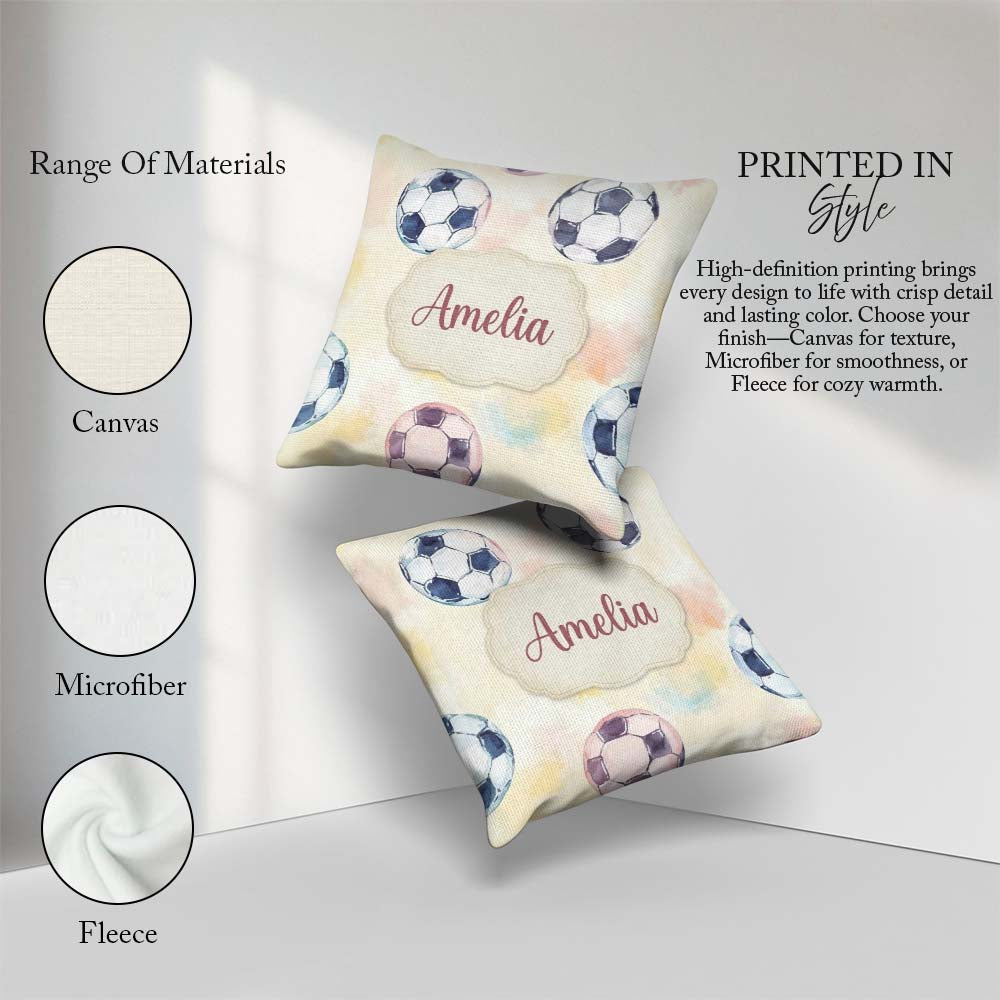 Custom Name Watercolor Soccer on Soft Pastel Background Seamless Square Filled Cushion Throw Pillow Sofa Bed Home Decor Zip Washable UK Made