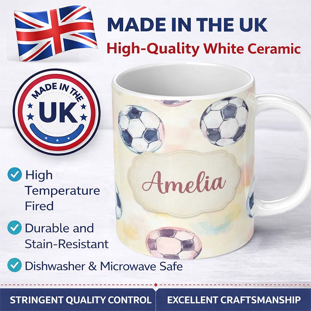 Personalized Custom Name Watercolor Soccer Balls on Soft Pastel Background Seamless Pattern 11oz Ceramic Coffee Tea Mug White Large Handle