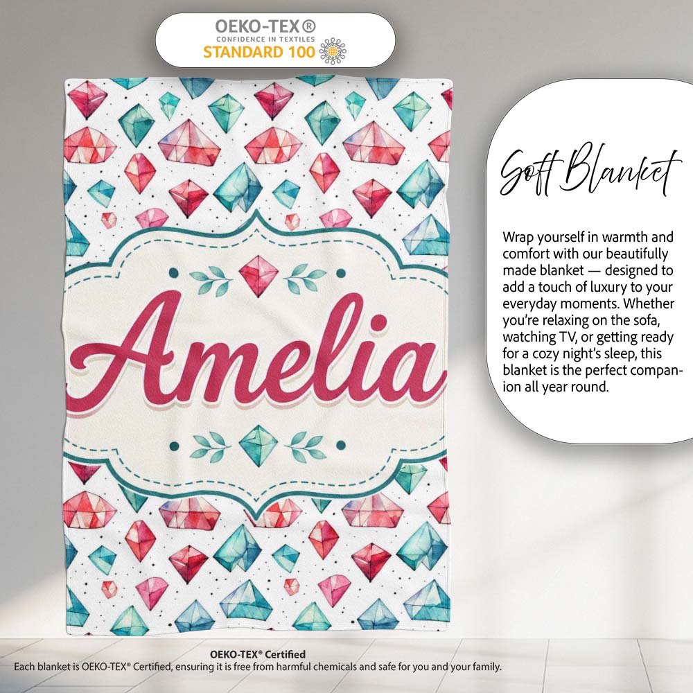 Watercolor Gem Crystal Seamless Pattern on White Cute Unique Gift  Personalised Custom Name Super Soft Fleece Blanket Bed Sofa Throw