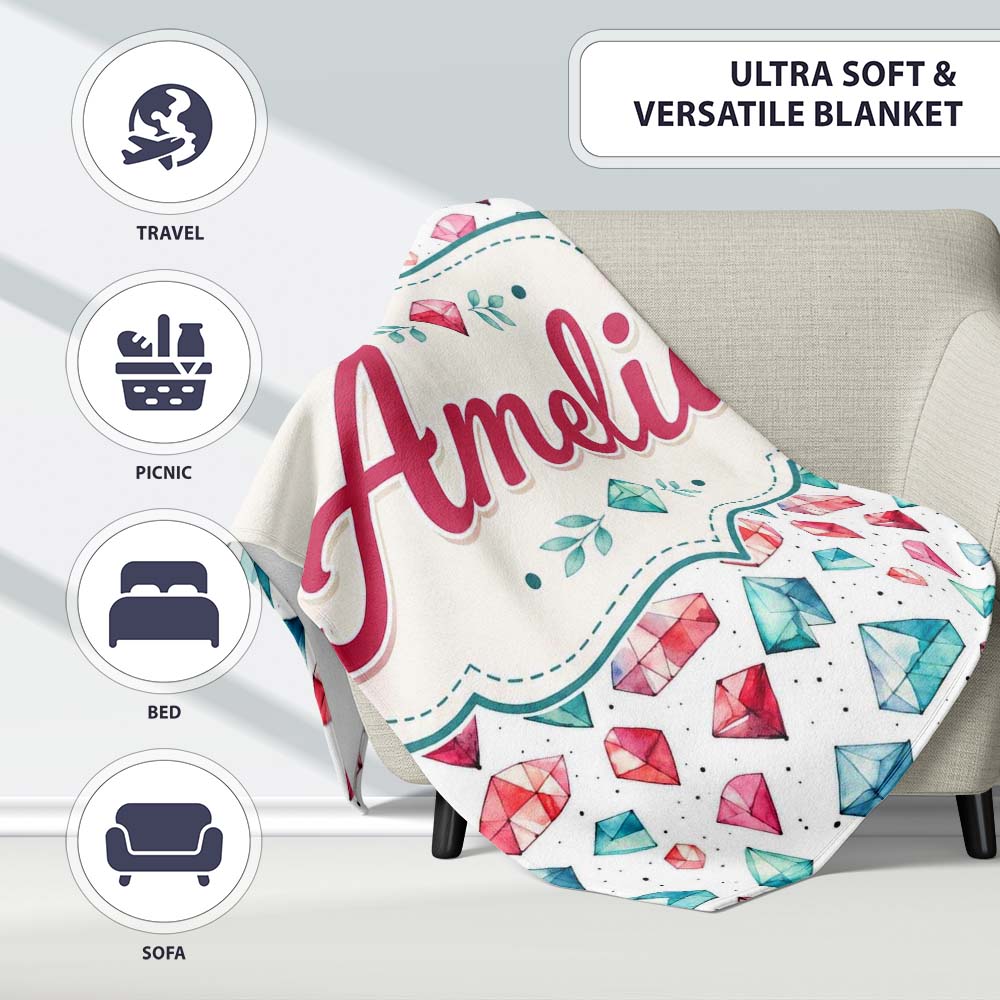 Watercolor Gem Crystal Seamless Pattern on White Cute Unique Gift  Personalised Custom Name Super Soft Fleece Blanket Bed Sofa Throw