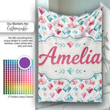 Watercolor Gem Crystal Seamless Pattern on White Cute Unique Gift  Personalised Custom Name Super Soft Fleece Blanket Bed Sofa Throw