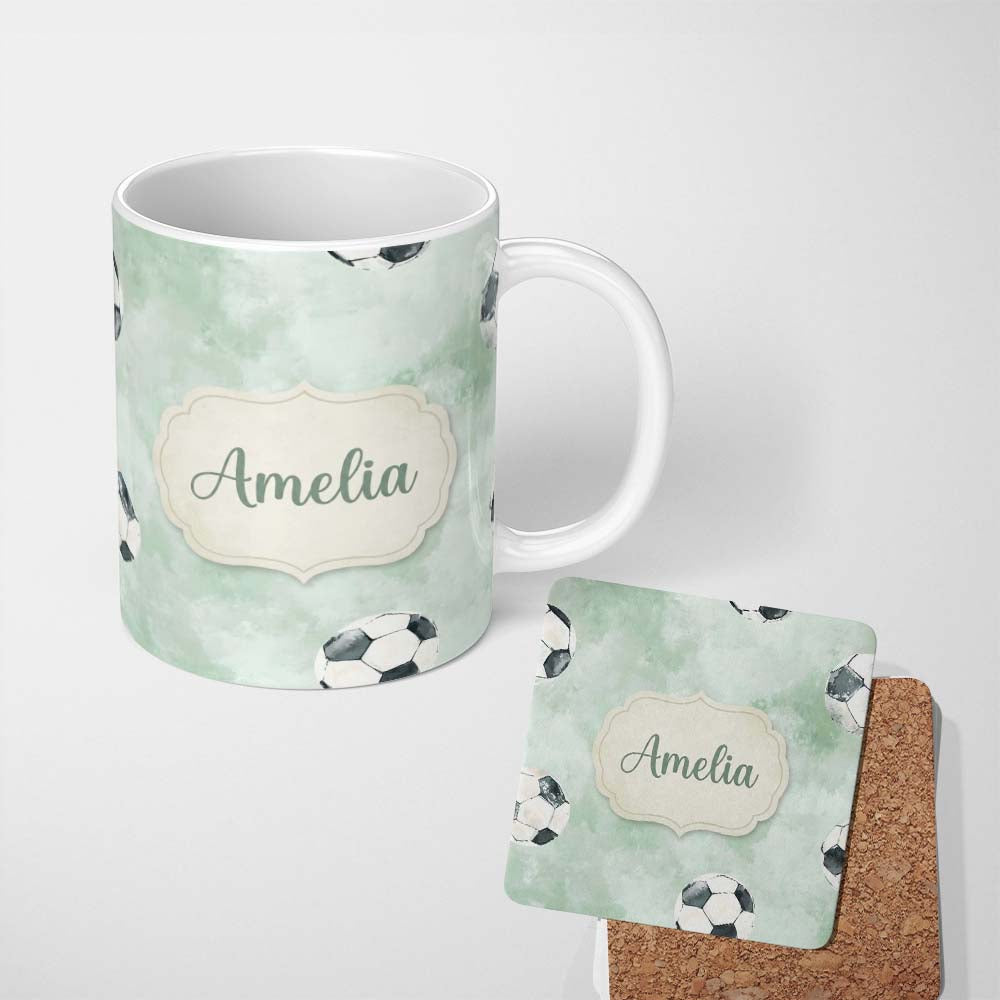 Personalized Custom Name Watercolor Soccer Balls on Soft Green Background Seamless Pattern 11oz Ceramic Coffee Tea Mug White Large Handle