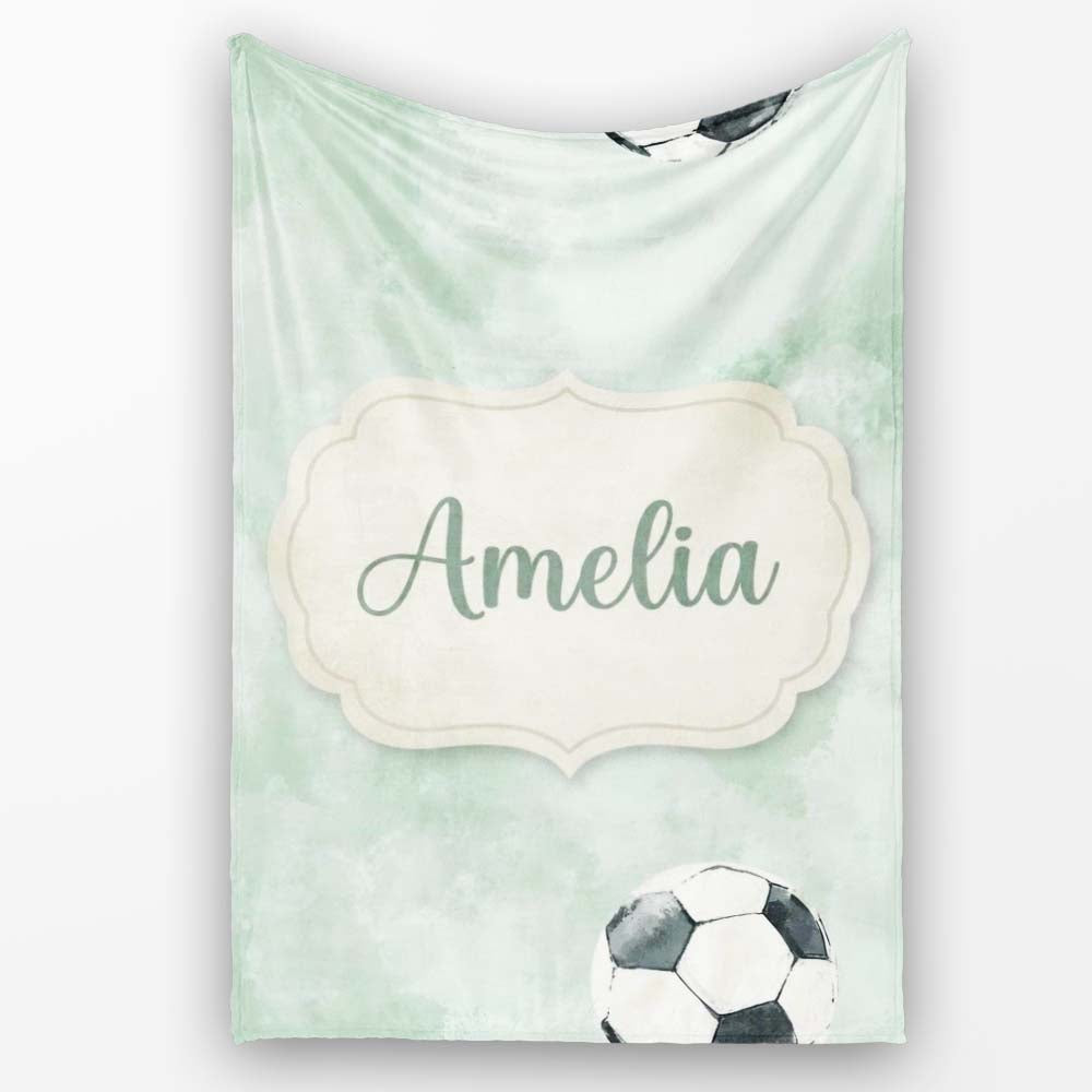 Watercolor Soccer Balls on Soft Green Background Seamless Pattern  Personalised Custom Name Super Soft Fleece Blanket Bed Sofa Throw