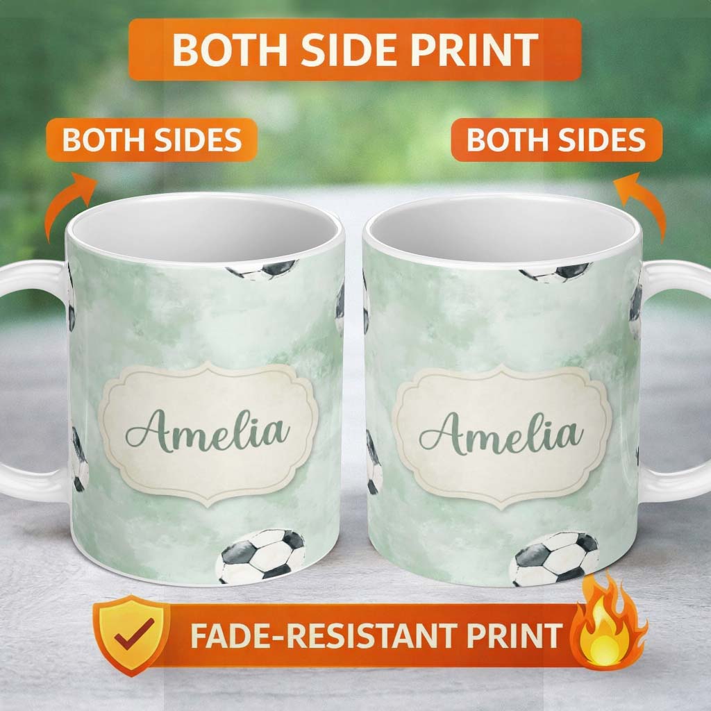 Personalized Custom Name Watercolor Soccer Balls on Soft Green Background Seamless Pattern 11oz Ceramic Coffee Tea Mug White Large Handle