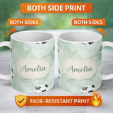 Personalized Custom Name Watercolor Soccer Balls on Soft Green Background Seamless Pattern 11oz Ceramic Coffee Tea Mug White Large Handle