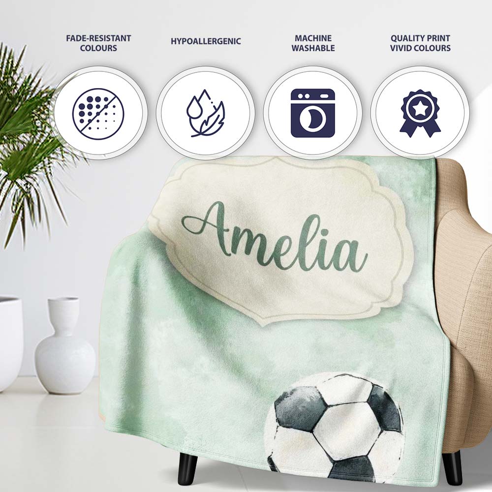 Watercolor Soccer Balls on Soft Green Background Seamless Pattern  Personalised Custom Name Super Soft Fleece Blanket Bed Sofa Throw