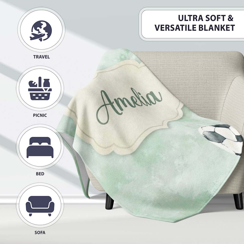 Watercolor Soccer Balls on Soft Green Background Seamless Pattern  Personalised Custom Name Super Soft Fleece Blanket Bed Sofa Throw