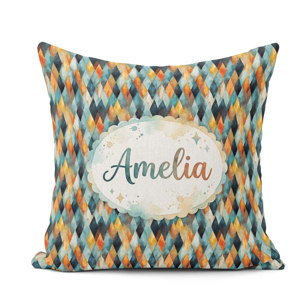 Custom Name Abstract Diamond Mosaic Seamless in Teal Orange Blue Square Filled Cushion Throw Pillow Sofa Bed Home Decor Zip Washable UK Made
