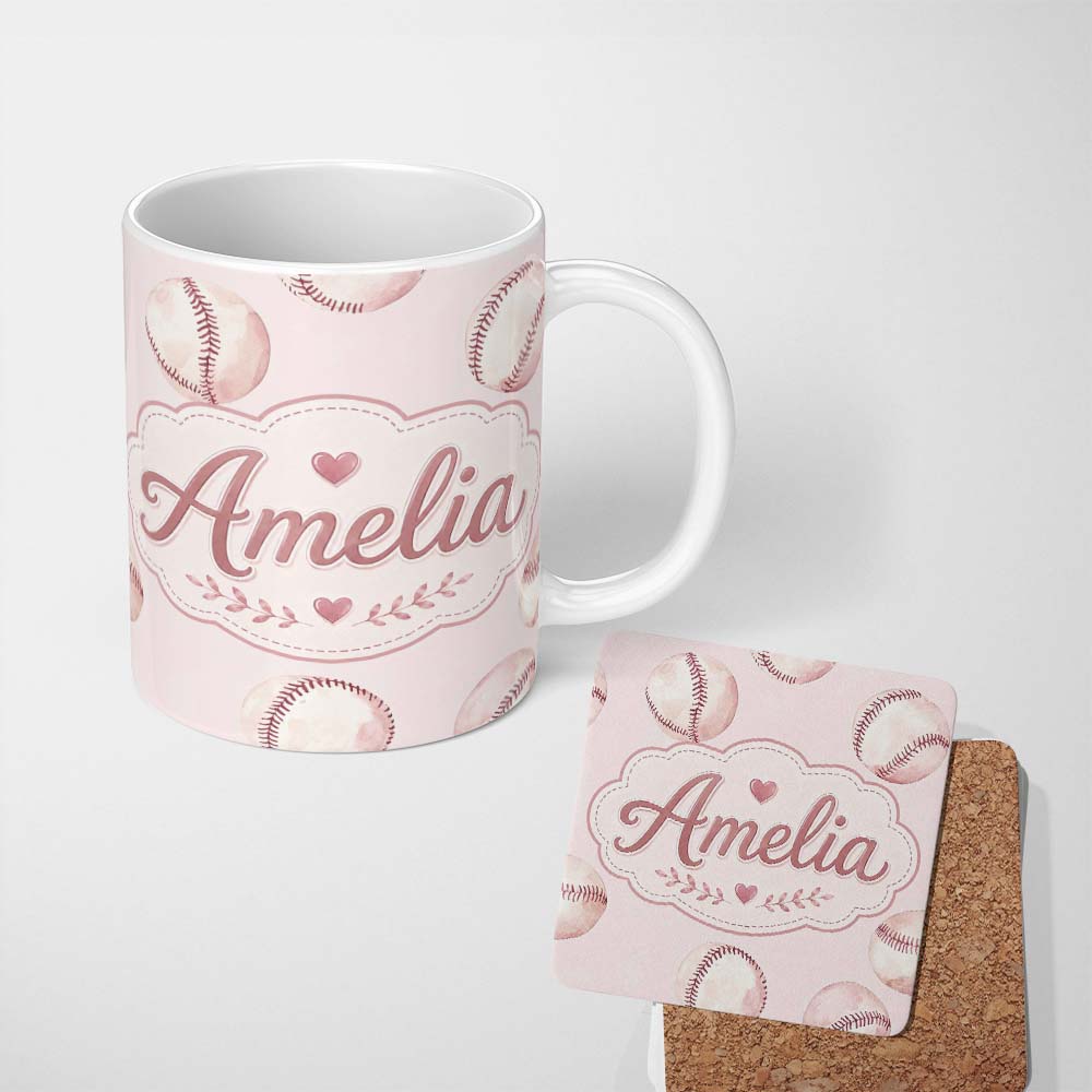 Personalized Custom Name Watercolor Baseball Balls on Soft Beige Background Seamless Pattern 11oz Ceramic Coffee Tea Mug White Large Handle