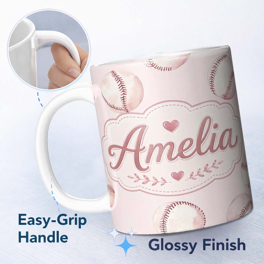 Personalized Custom Name Watercolor Baseball Balls on Soft Beige Background Seamless Pattern 11oz Ceramic Coffee Tea Mug White Large Handle