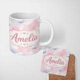 Personalized Custom Name Watercolor Soccer Balls on Soft Pink Background Seamless Pattern 11oz Ceramic Coffee Tea Mug White Large Handle