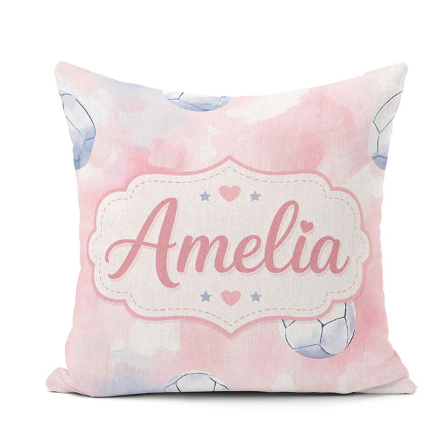 Custom Name Watercolor Soccer Balls Soft Pink Background Pattern Square Filled Cushion Throw Pillow Sofa Bed Home Decor Zip Washable UK Made