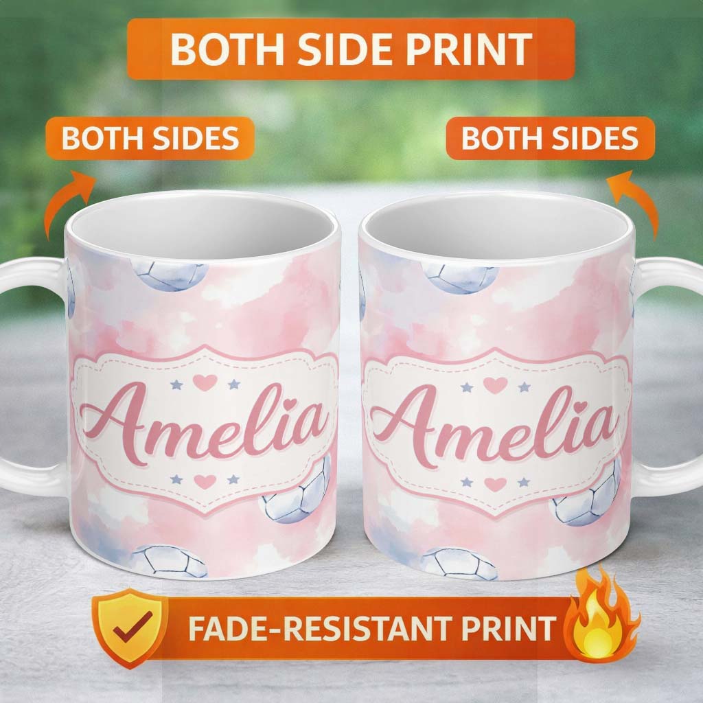 Personalized Custom Name Watercolor Soccer Balls on Soft Pink Background Seamless Pattern 11oz Ceramic Coffee Tea Mug White Large Handle