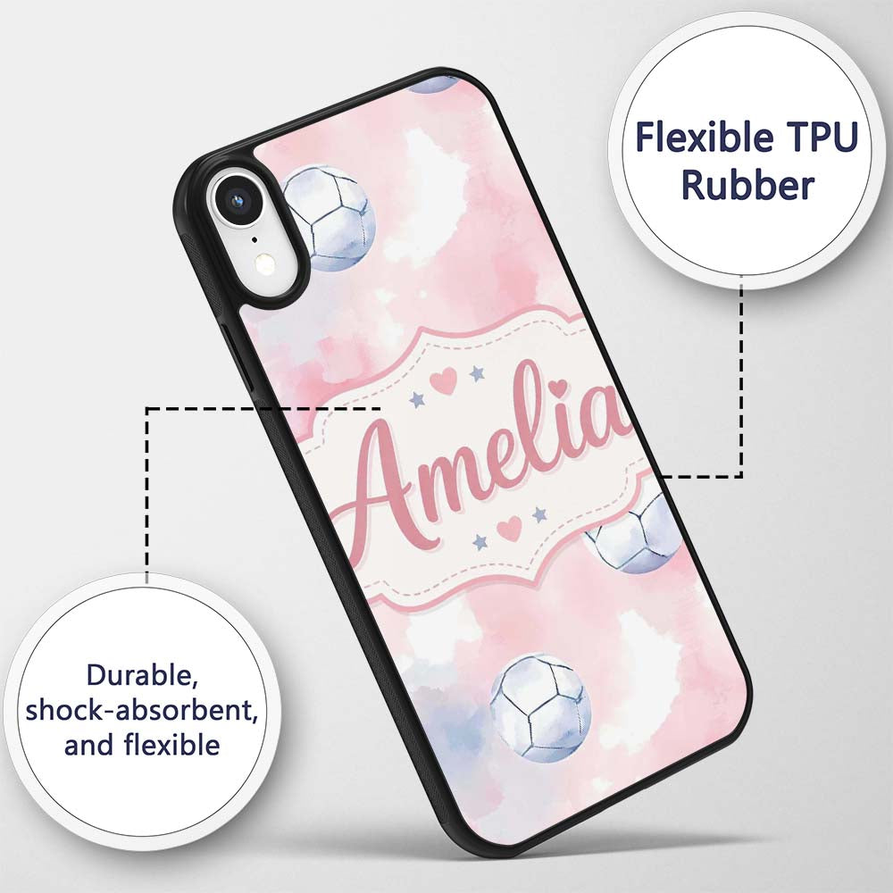 Watercolor Soccer Balls on Soft Pink Background Custom Name Protective Phone Case Mobile Cover Durable Everyday Smartphone Shock Resistant
