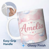 Personalized Custom Name Watercolor Soccer Balls on Soft Pink Background Seamless Pattern 11oz Ceramic Coffee Tea Mug White Large Handle